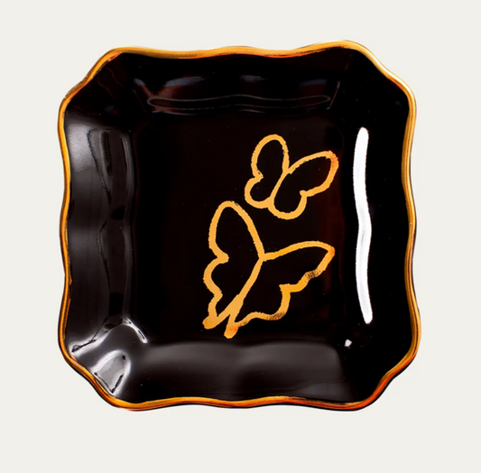Butterflies Portrait Plate with Hand-Painted Gold Rim- Black