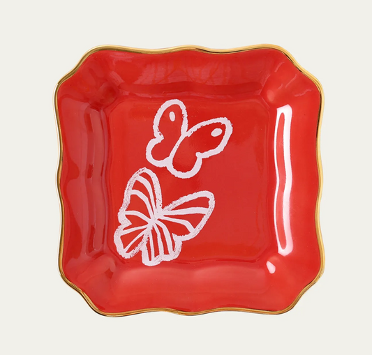 Butterflies Portrait Plate with Hand-Painted Gold Rim-Coral