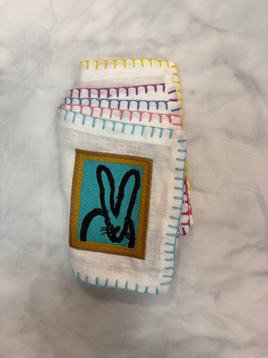 Framed Bunnies: Embroidered Cocktail Napkin Set of 6