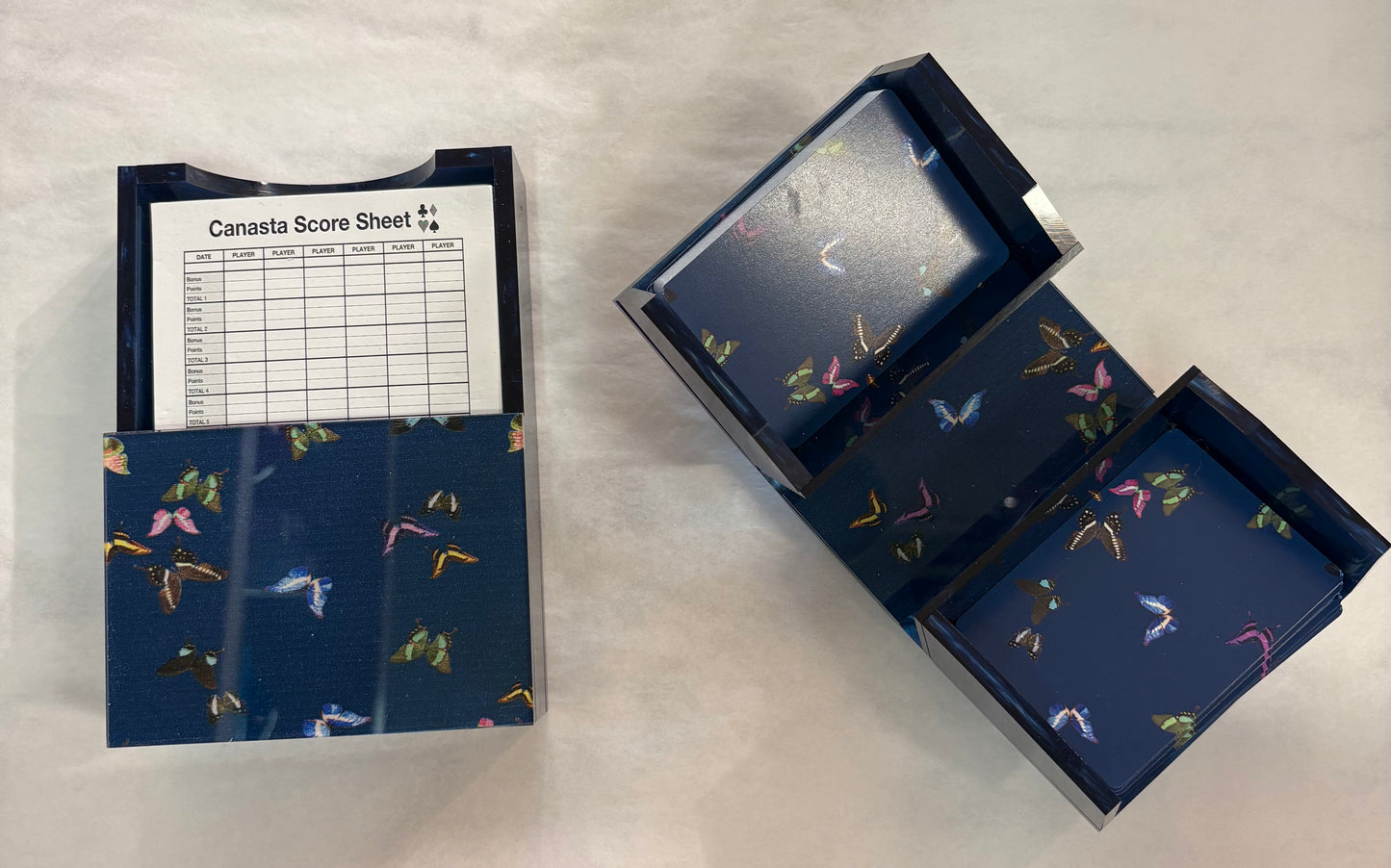 Navy Blue Butterfly Canasta Spinner/Notepad Score Card Holder in Acrylic