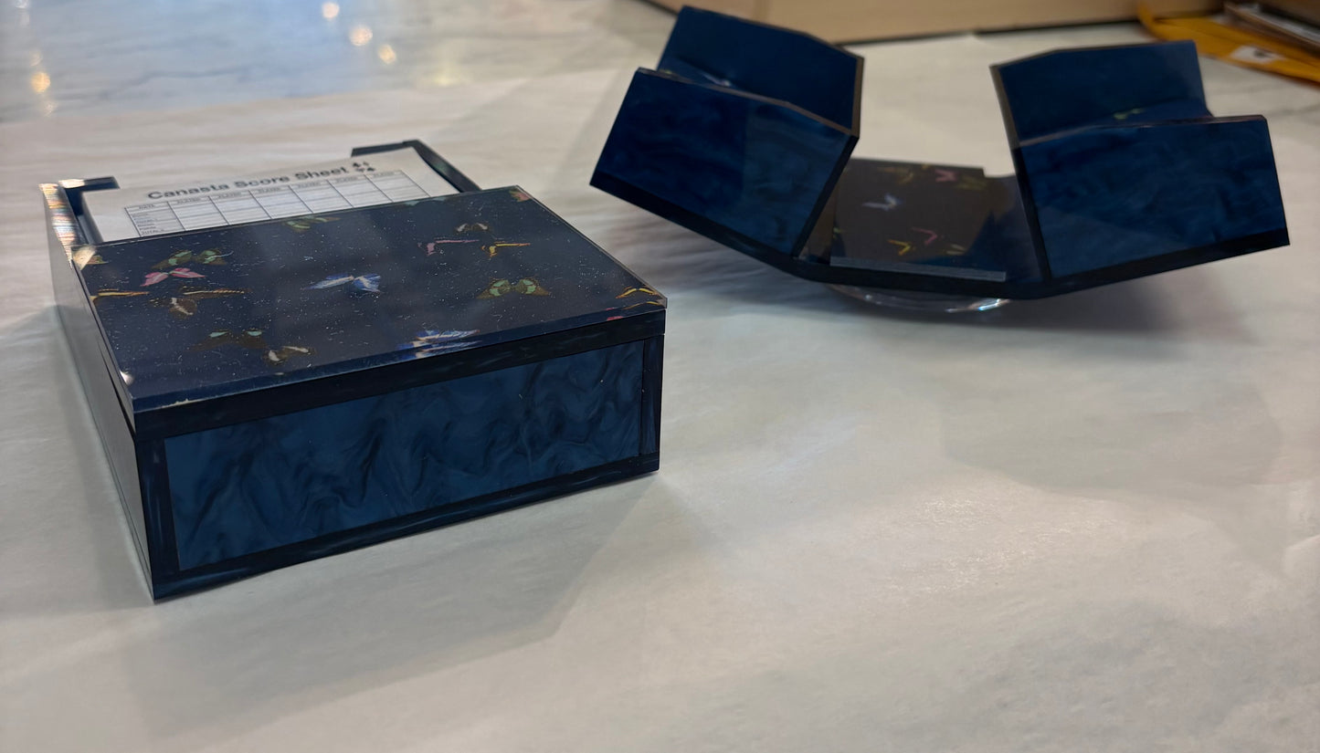 Navy Blue Butterfly Canasta Spinner/Notepad Score Card Holder in Acrylic
