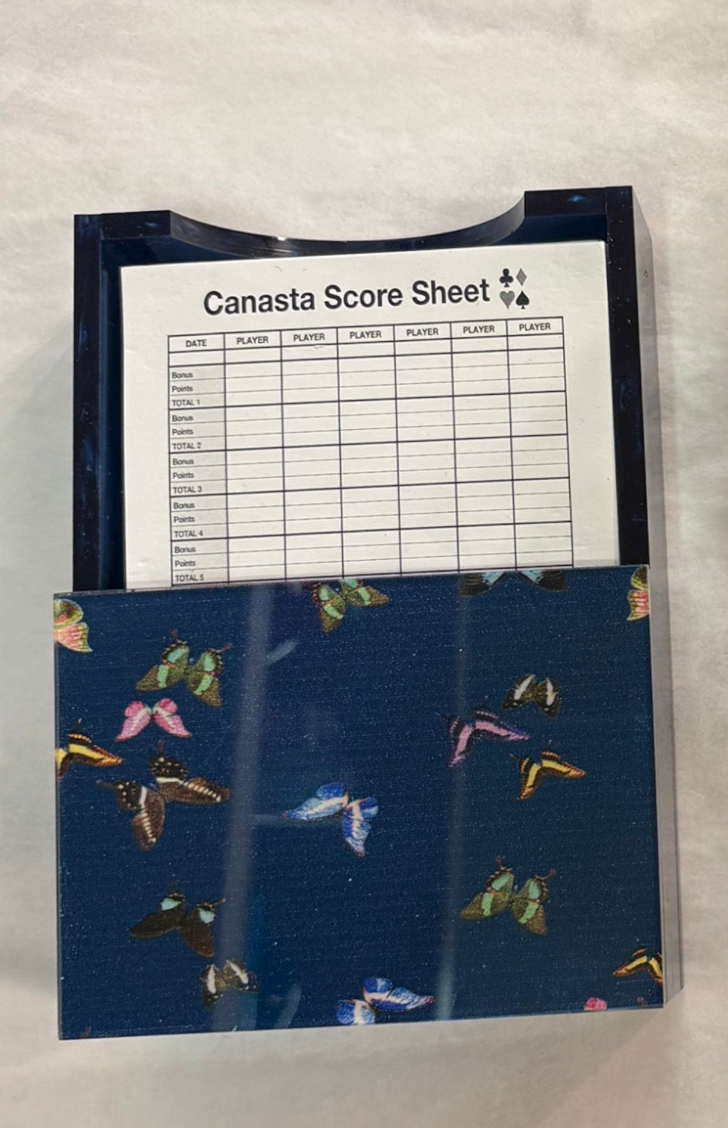 Navy Blue Butterfly Canasta Spinner/Notepad Score Card Holder in Acrylic