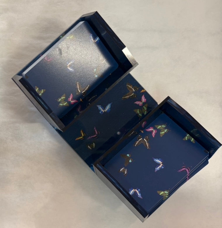 Navy Blue Butterfly Canasta Spinner/Notepad Score Card Holder in Acrylic