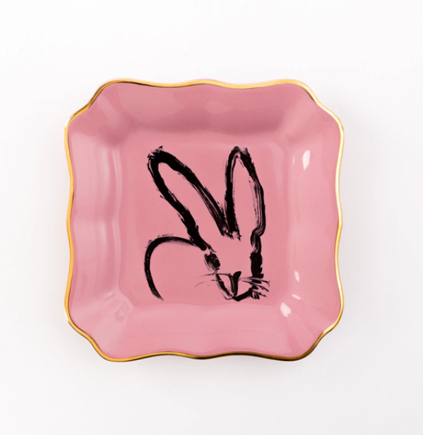 Slonem Bunny Portrait Plate with Hand-Painted Gold Rim - Pink