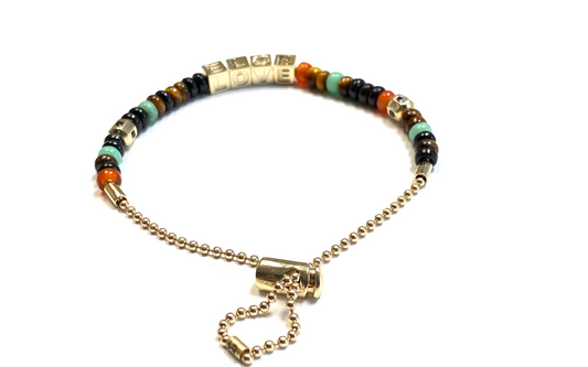 Gold Love Cubes With Sapphire Octagons On Gemstone Beaded Ball Chain Bracelet