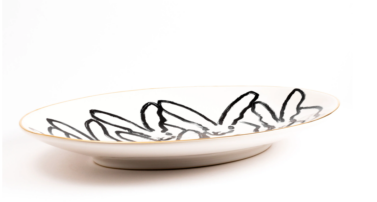 Rabbit Run Oval Serving Platter with Hand-Painted Gold Rim