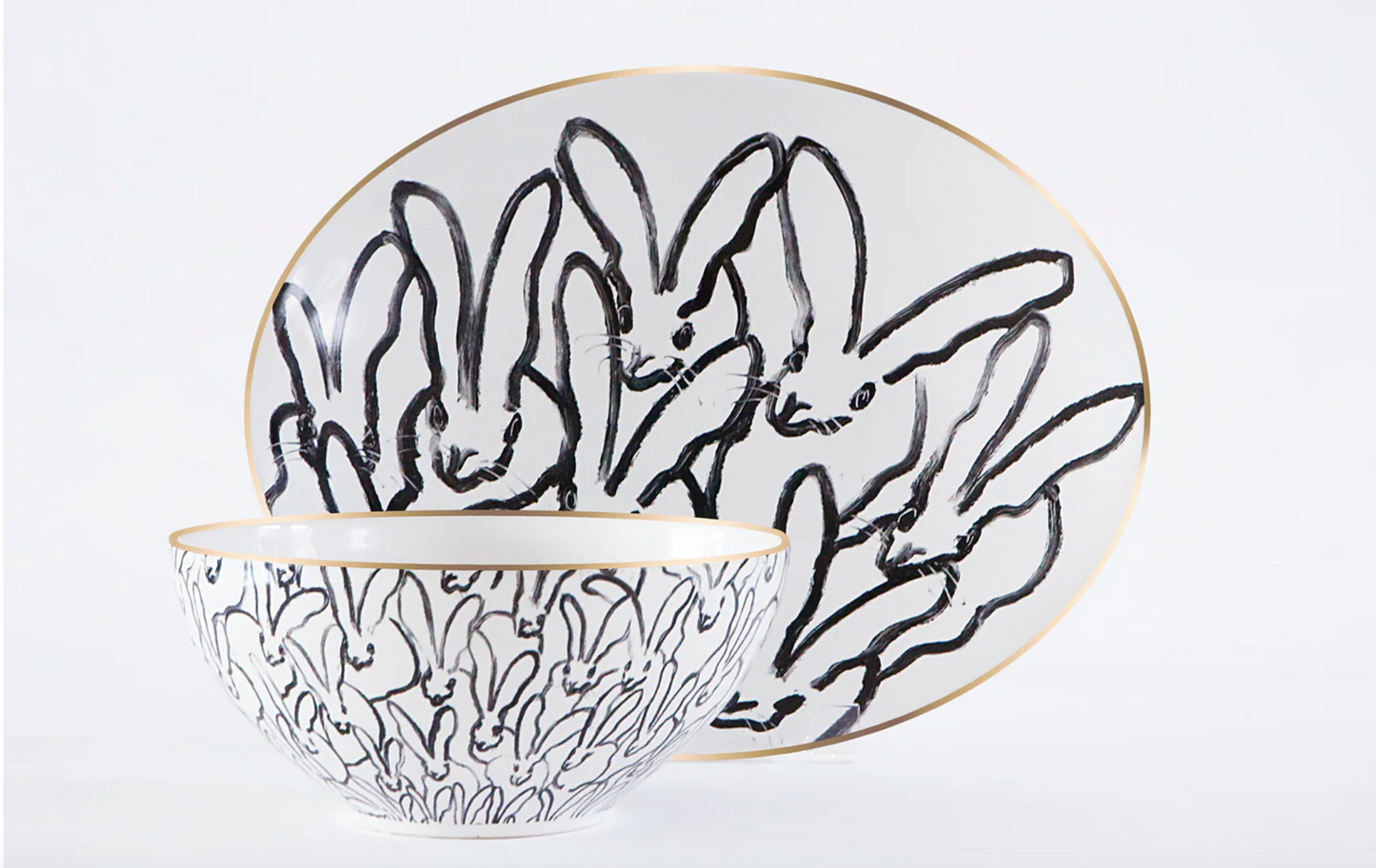 Rabbit Run Oval Serving Platter with Hand-Painted Gold Rim