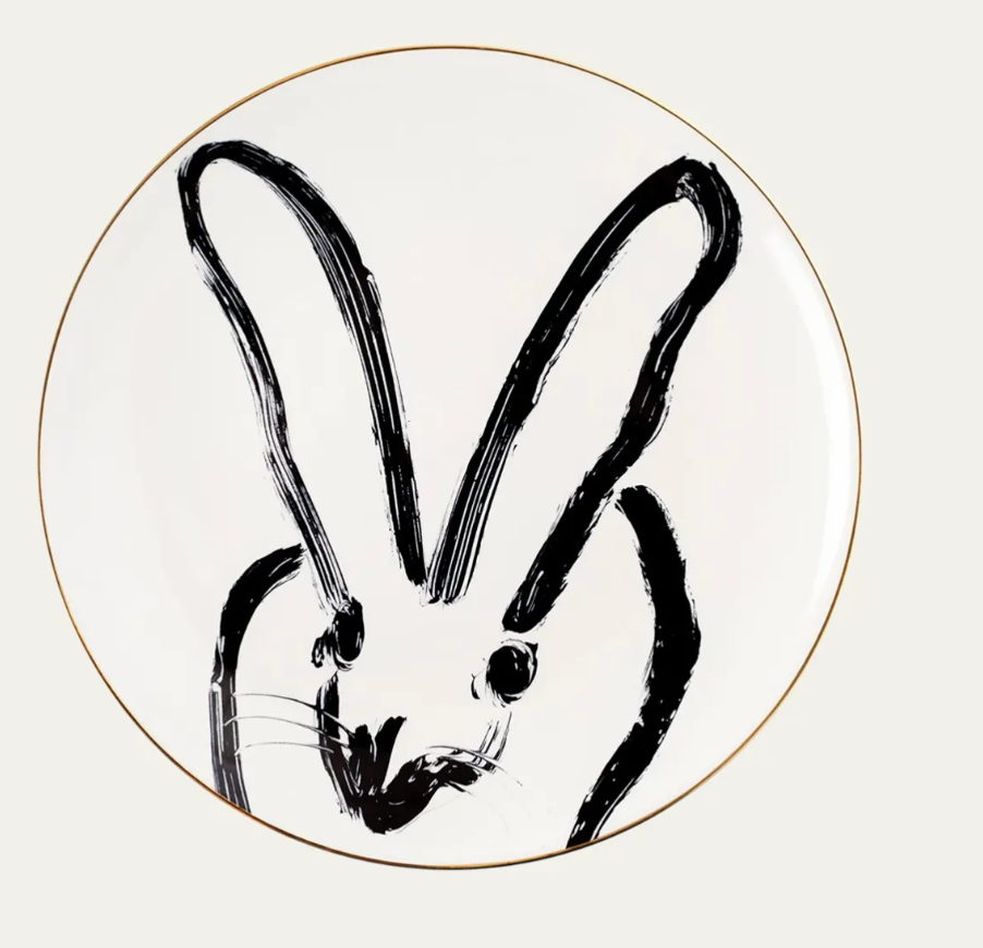 RABBIT RUN DINNER PLATE, WHITE. by Hunt Slonem