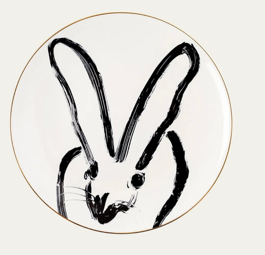 RABBIT RUN DINNER PLATE, WHITE. by Hunt Slonem