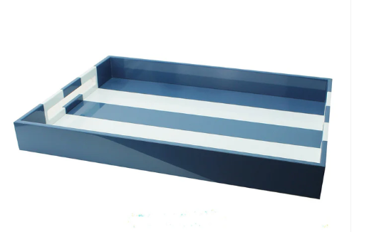 Denim Blue Striped Large Lacquered Ottoman Tray 22" x 16"