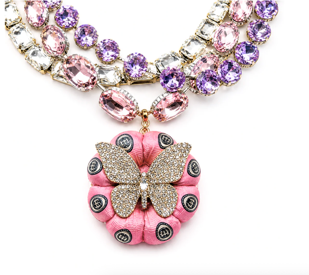 Vintage Gucci Checkerboard GG Pink Butterfly Vintage Silk Necktie Jewel Necklace