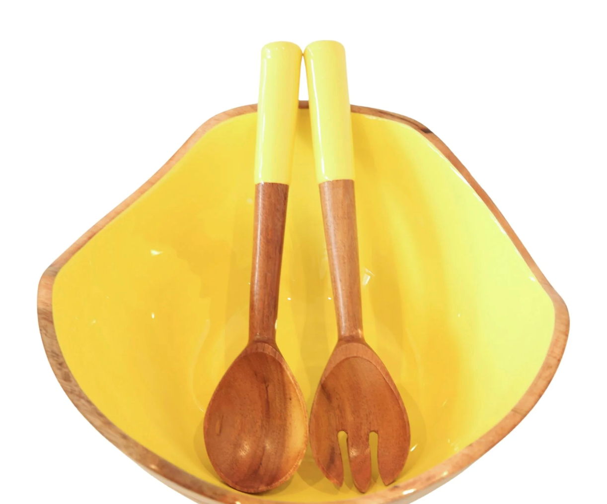 Mango Wood and Enamel Salad Bowl and Servers Set (Gray)