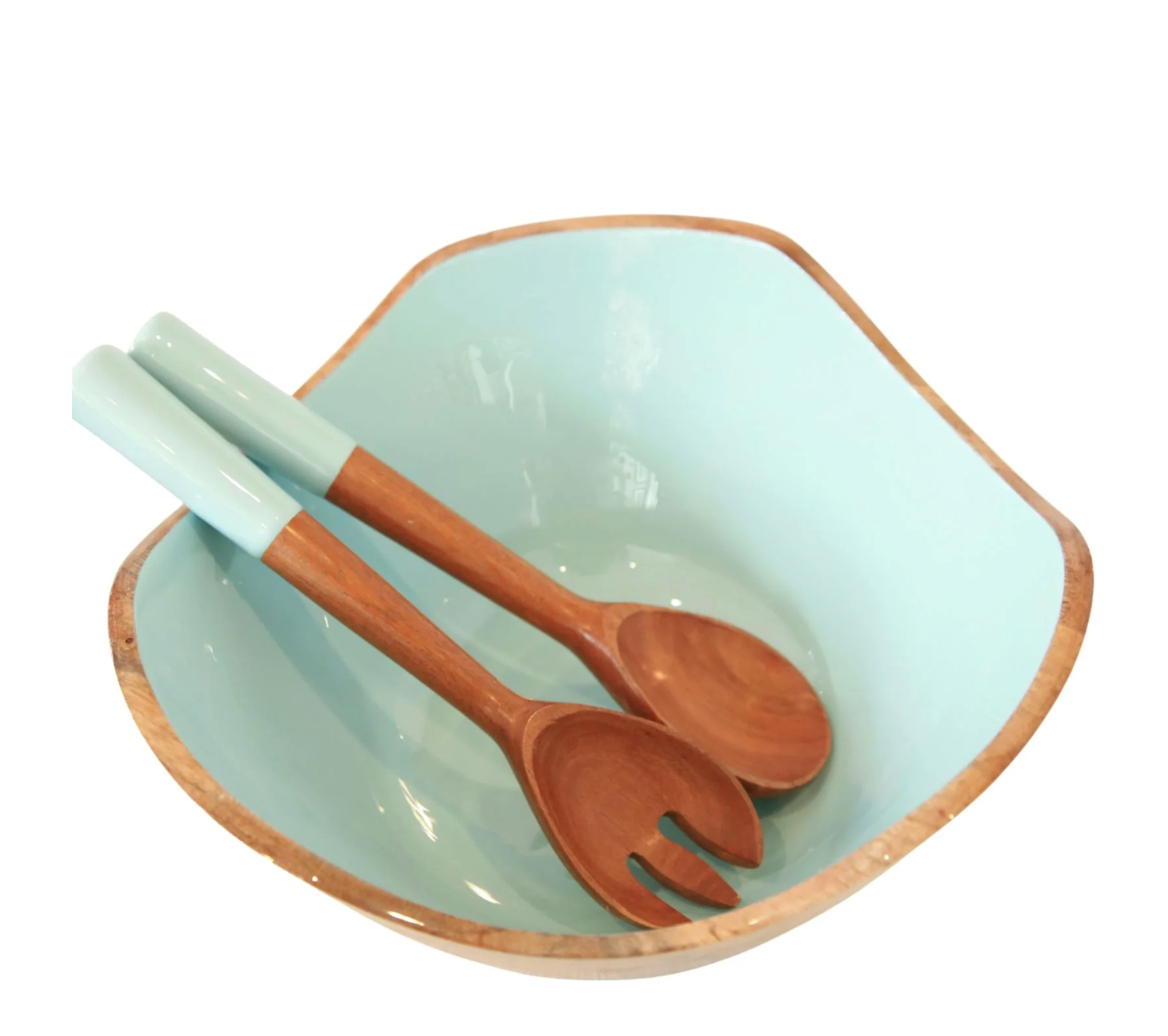 Mango Wood and Enamel Salad Bowl and Servers Set (Gray)