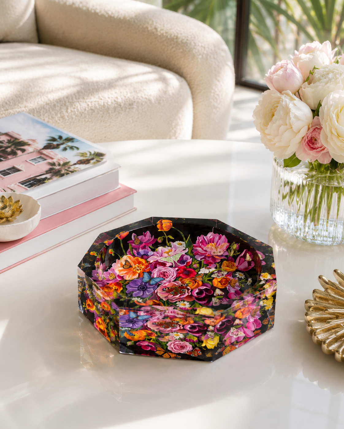 Octagon Acrylic Bowl,  Elegant Floral