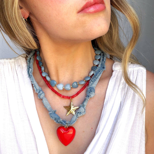 Denim & Red Heart Necklace, Boho Western Necklace