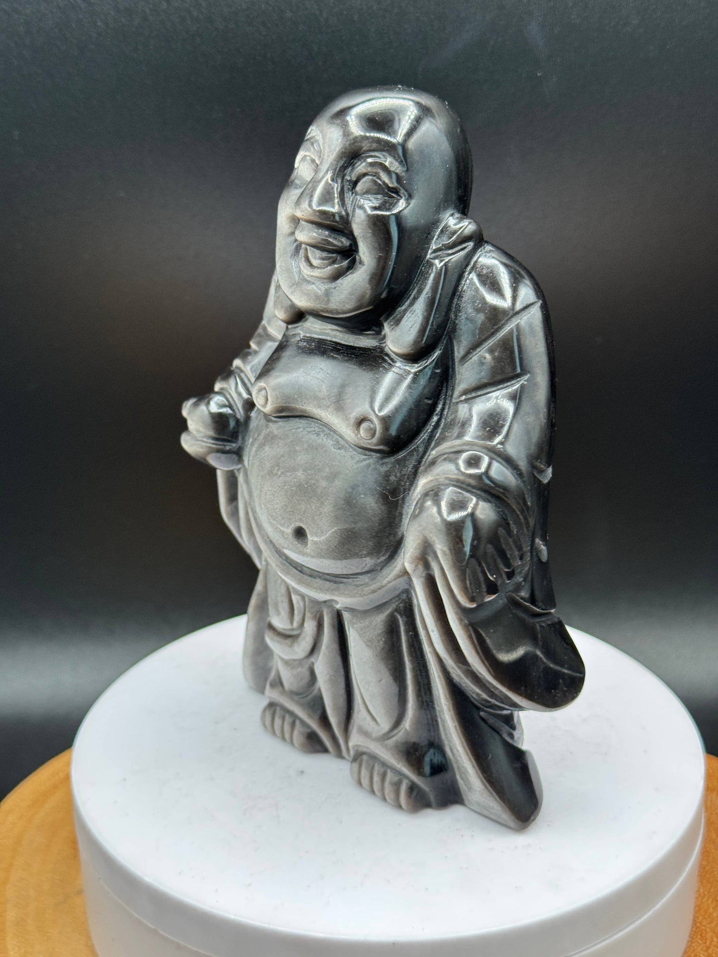 Silver Sheen Obsidian Laughing Happy Buddha carving H249