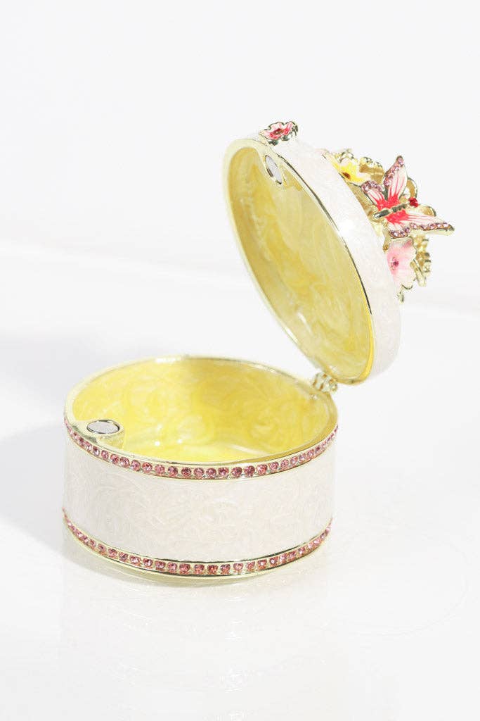 White Enamel Floral Jewelry Box with Butterfly