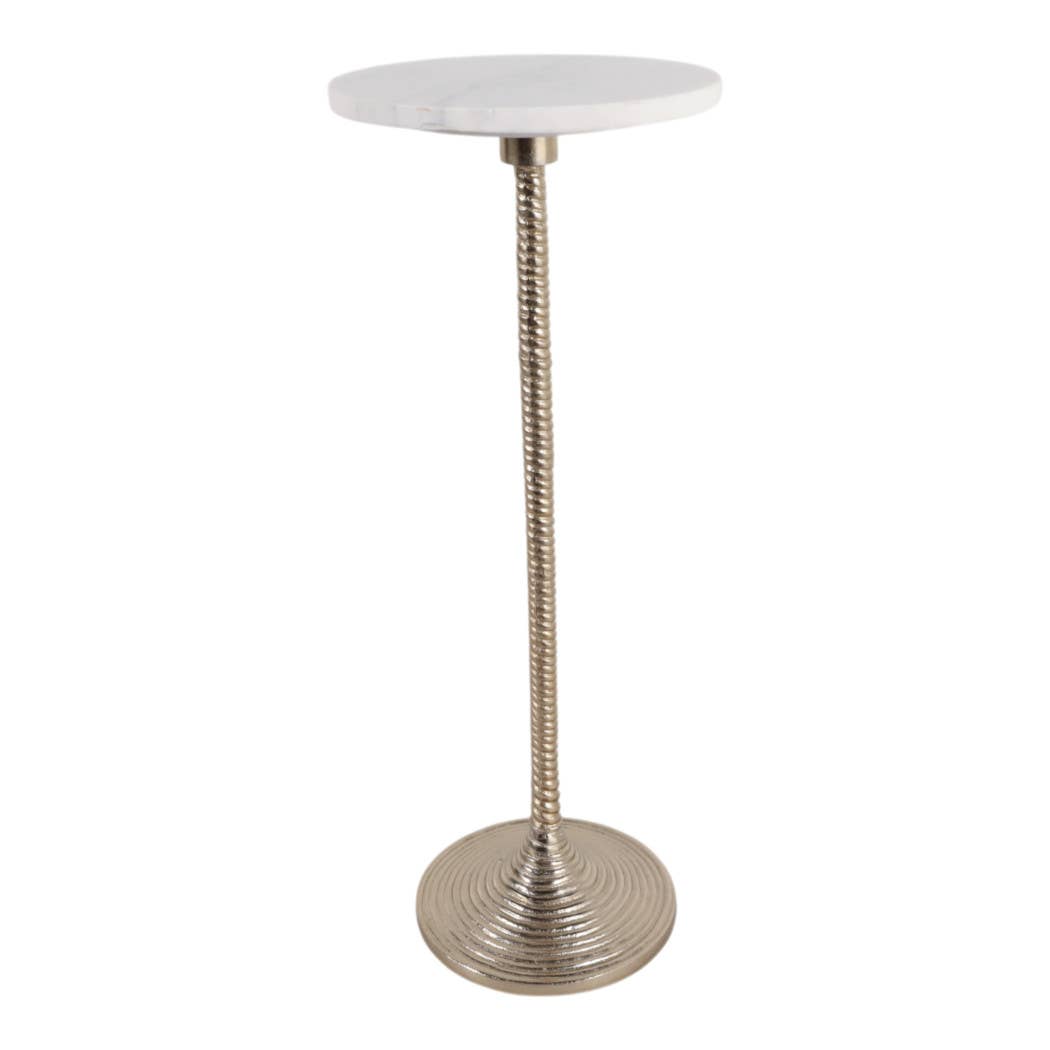 Drink Table - White Marble Top Pedestal Metal Base, 26 in.