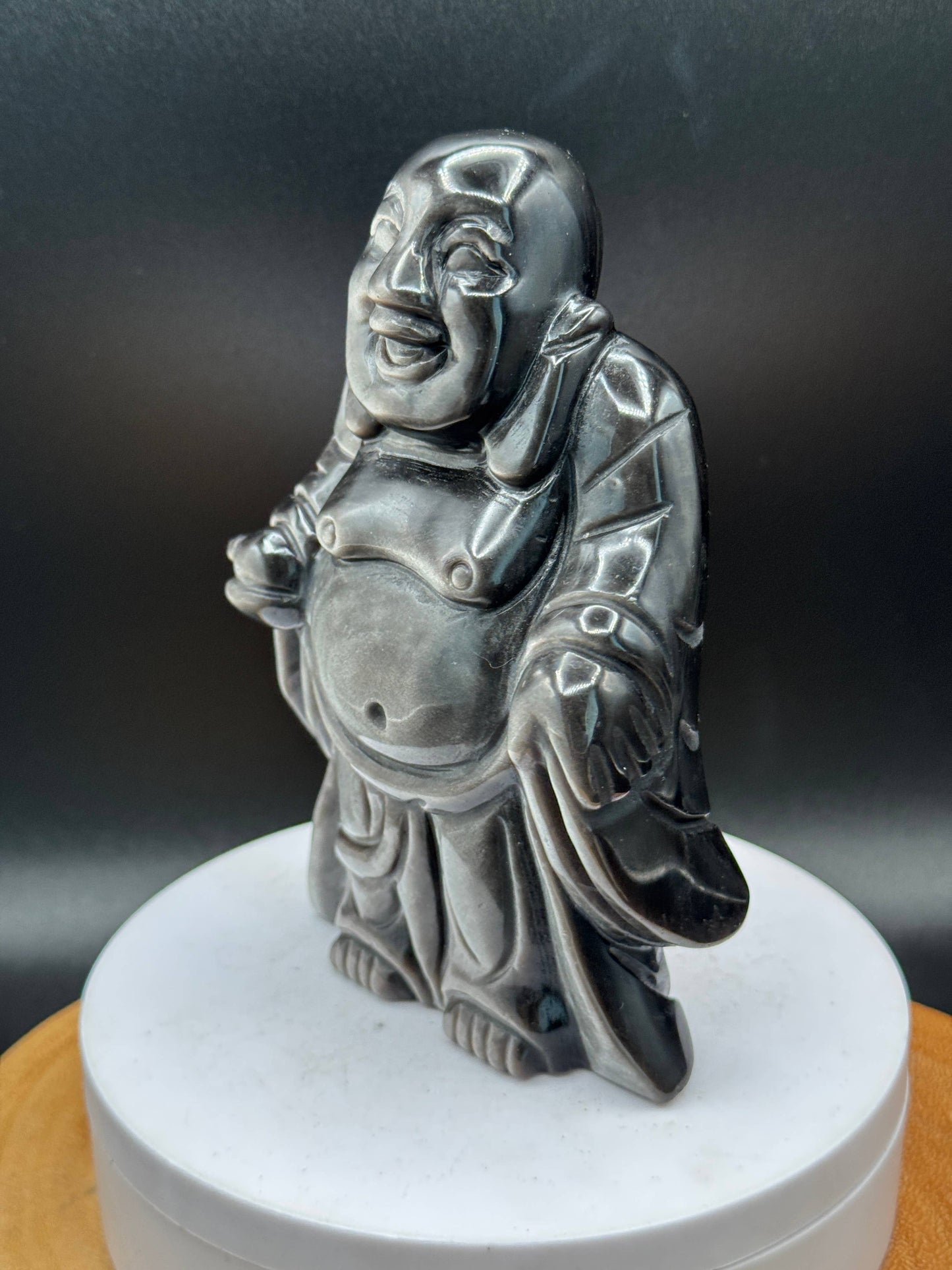 Silver Sheen Obsidian Laughing Happy Buddha carving H249