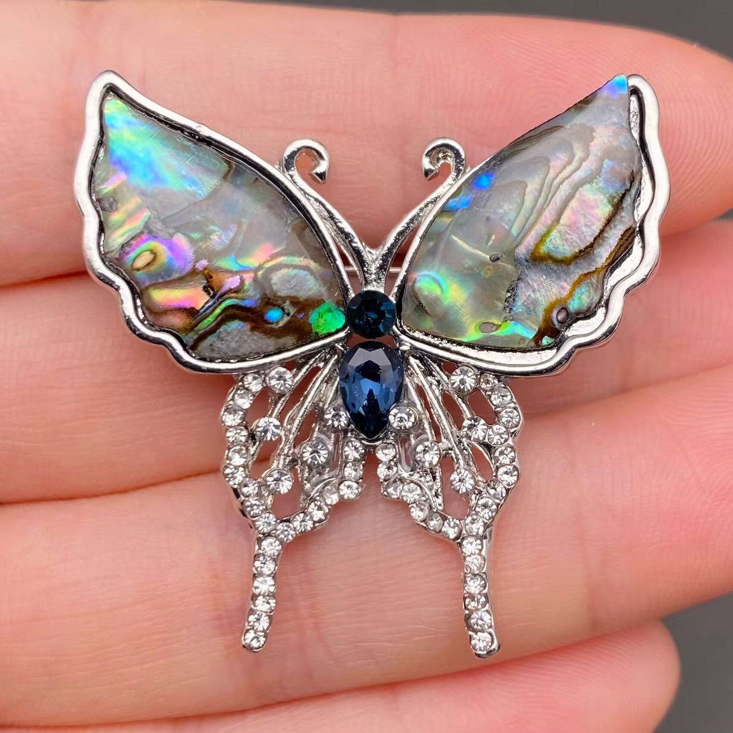 Rhinestones & Abalone Shells Inlaid Butterfly Brooch