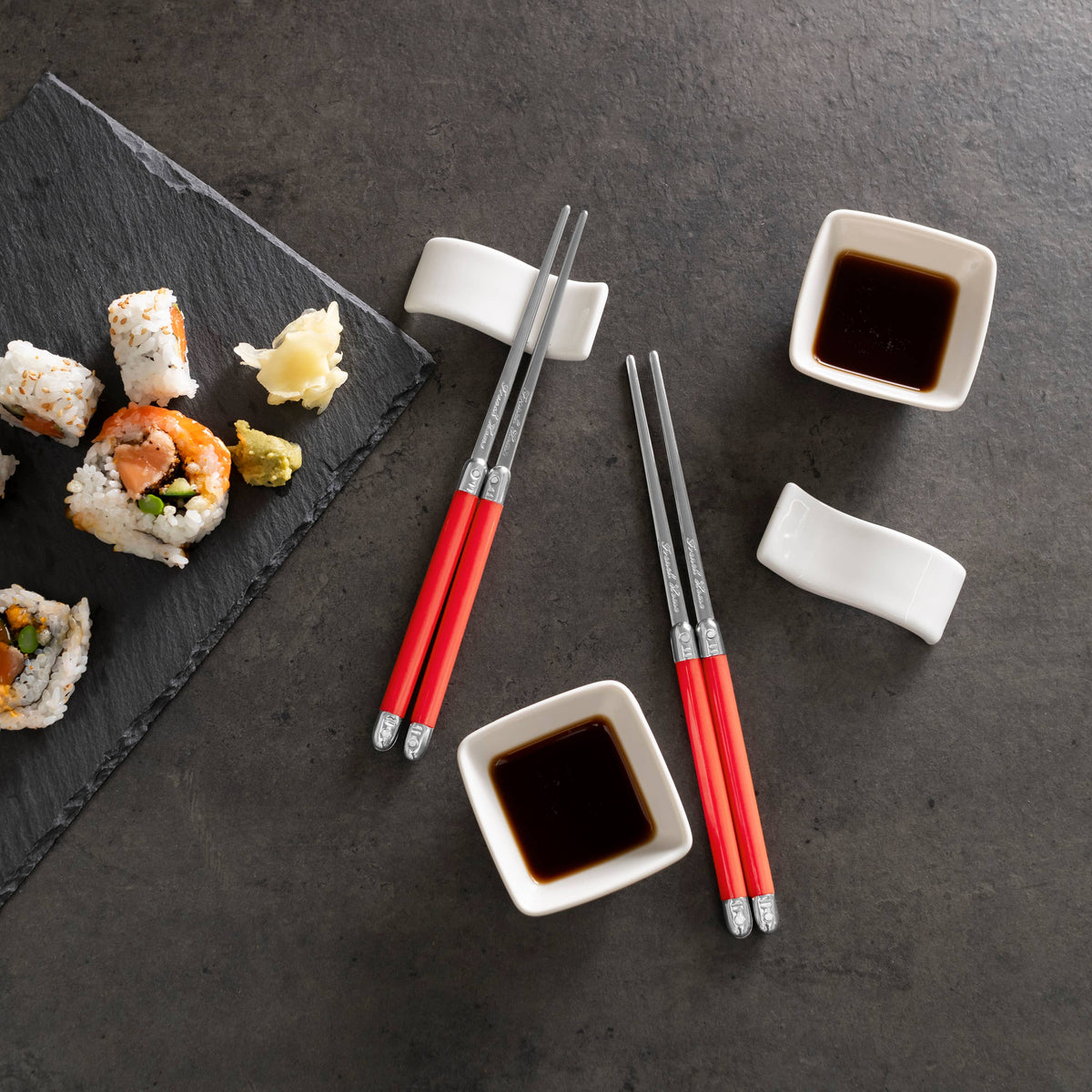 Red Chopsticks & Ceramic Rests with Sauce Bowls Set, 2 Pairs