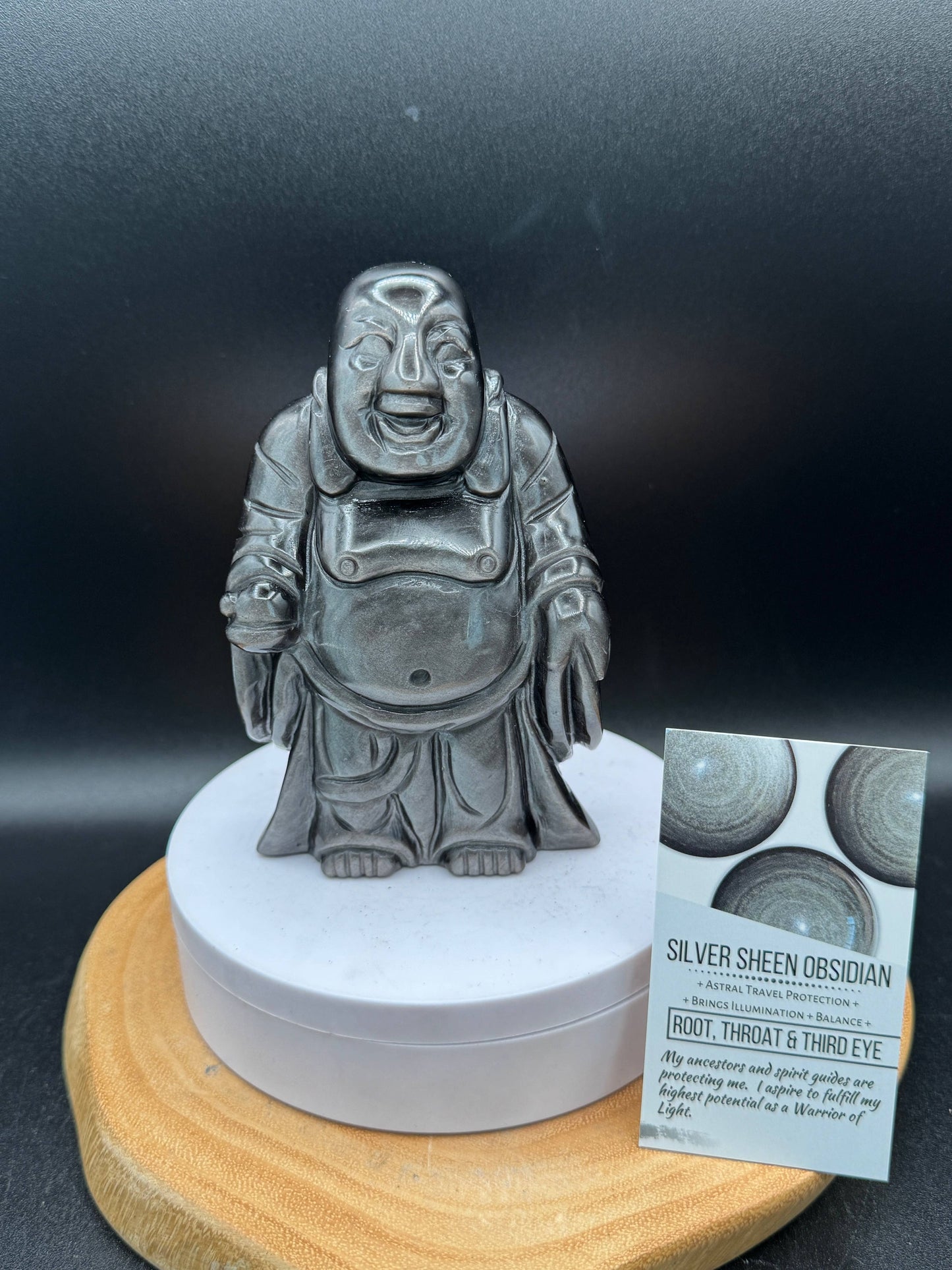 Silver Sheen Obsidian Laughing Happy Buddha carving H249