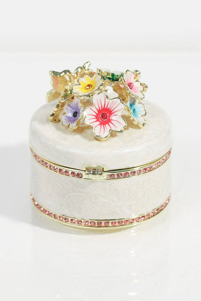 White Enamel Floral Jewelry Box with Butterfly