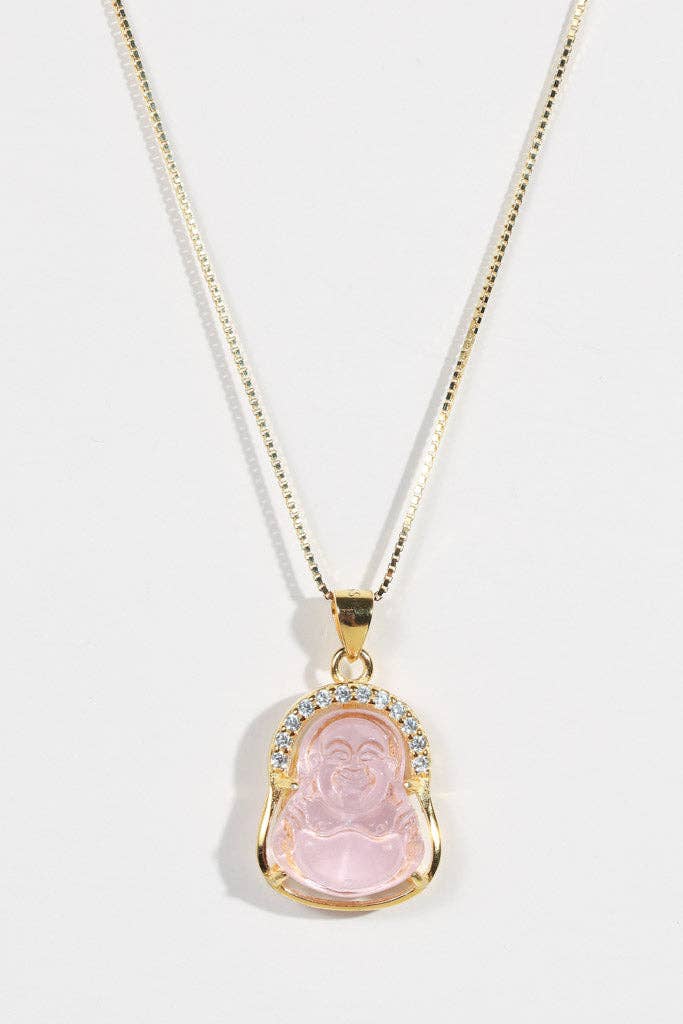 Mini Buddah Charm Necklace - Rose or Clear Quartz