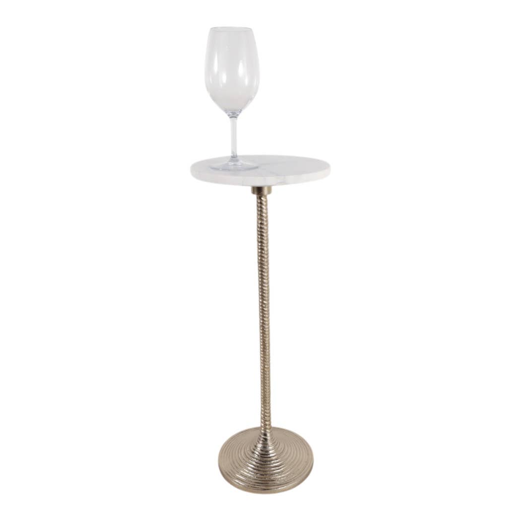 Drink Table - White Marble Top Pedestal Metal Base, 26 in.