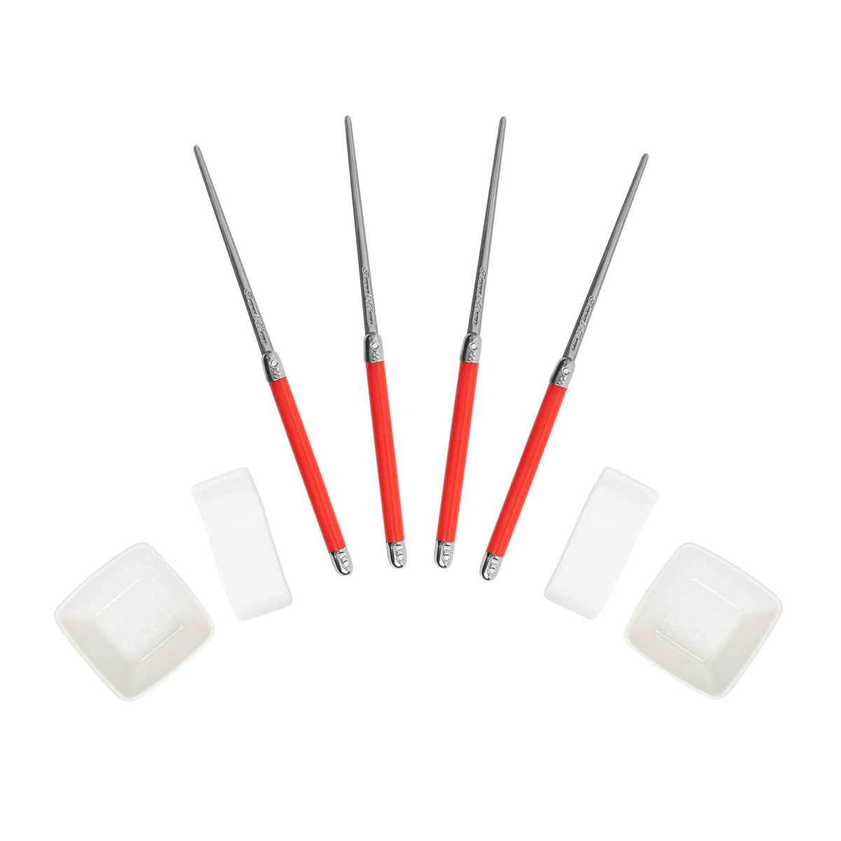 Red Chopsticks & Ceramic Rests with Sauce Bowls Set, 2 Pairs