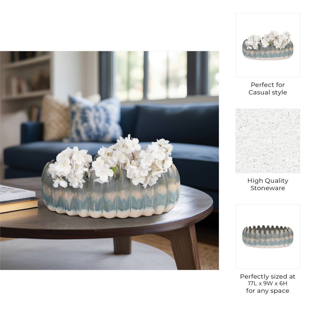 Decorative Bowl - Blue Ceramic Coastal Ombre Style, 17 in.