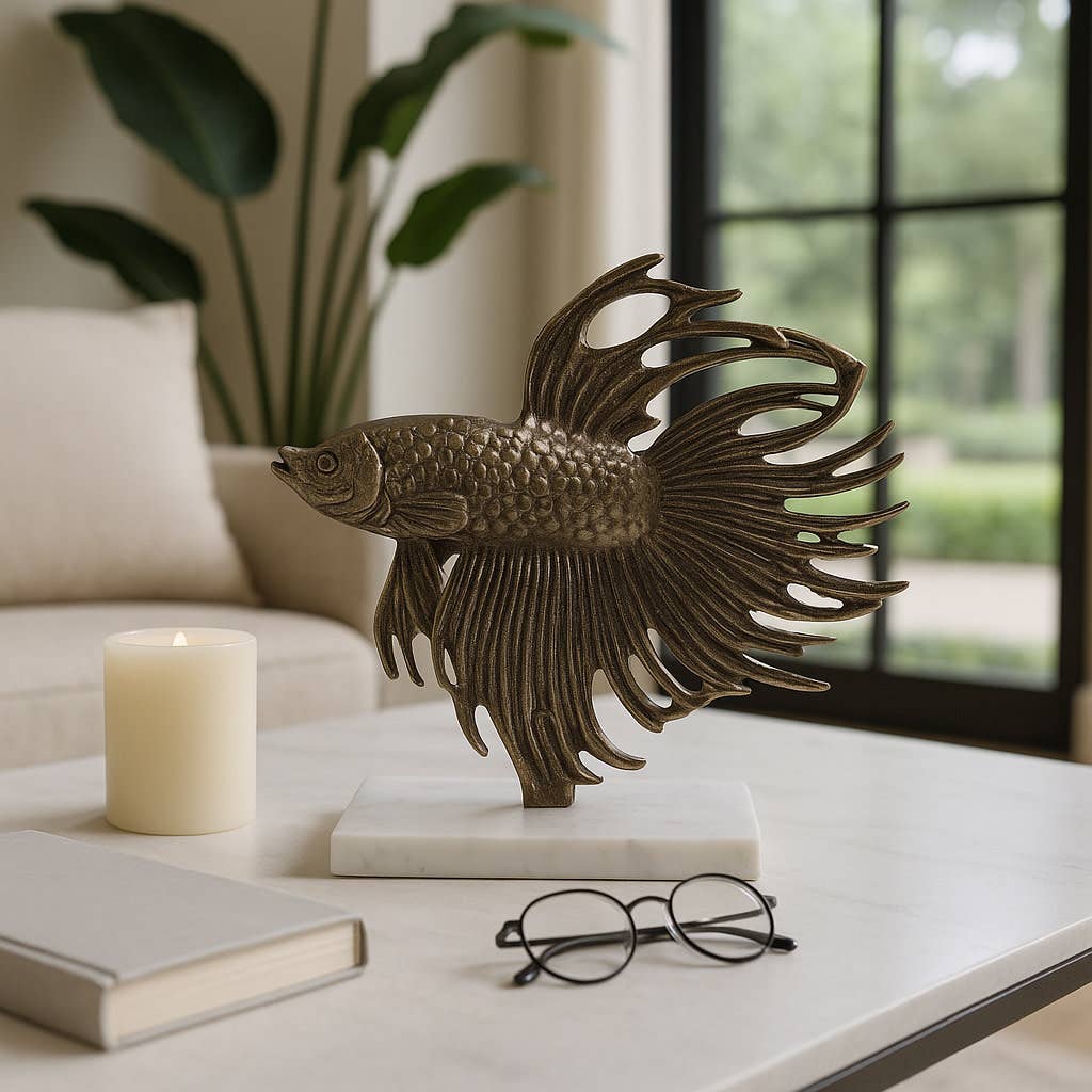Sculpture - Gold Metal Accomac Fish on Marble Stand