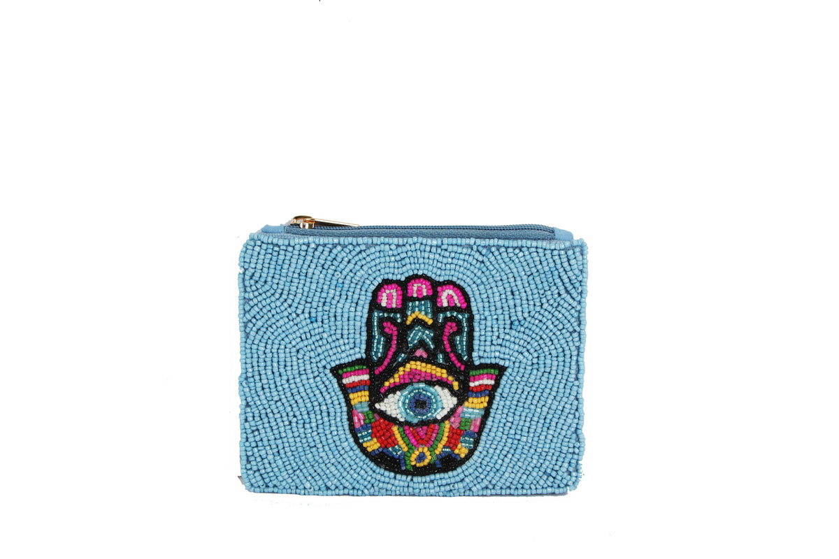 Light Blue Fully Beaded HAMSA EYE Coin Purse