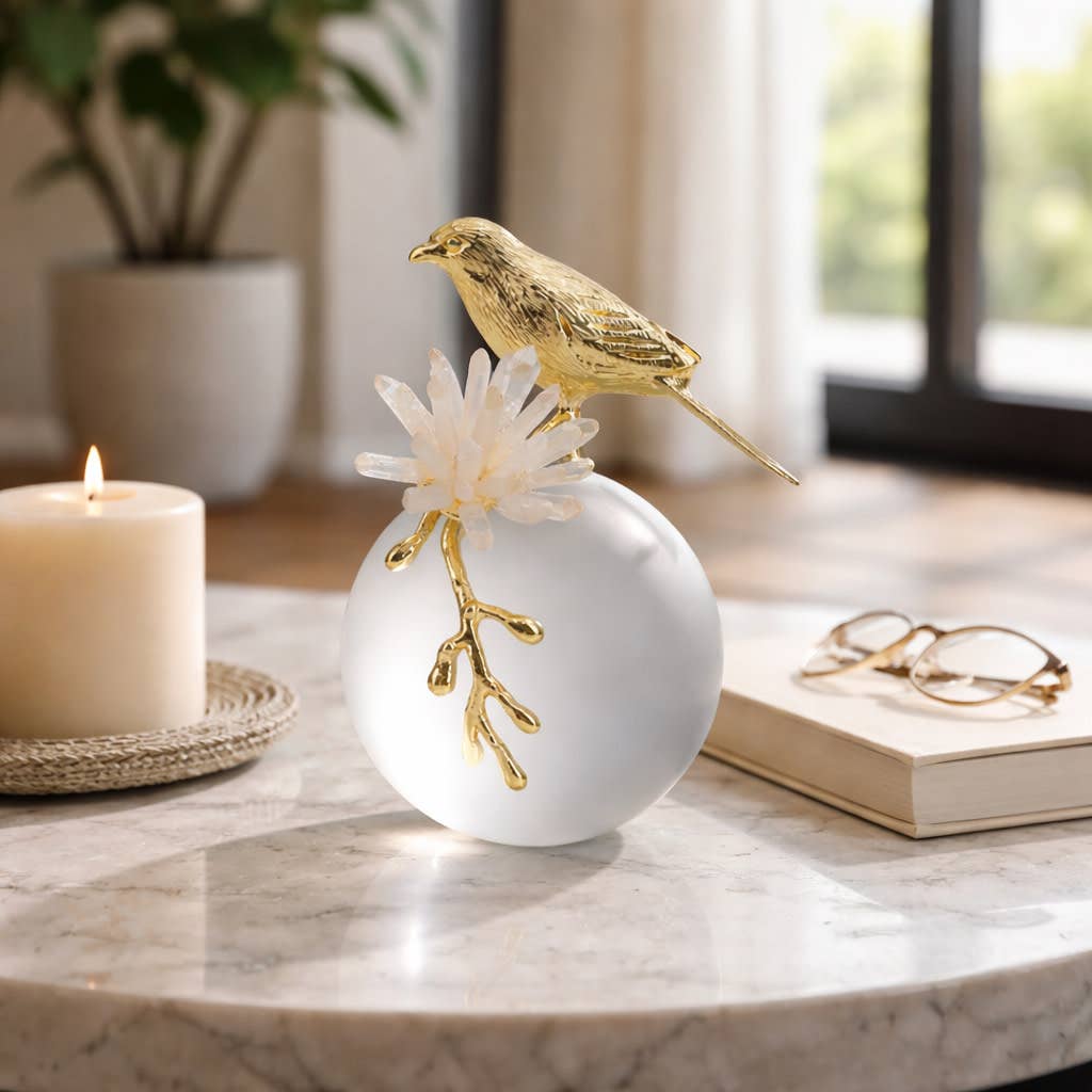 Sculpture - White and Gold Metal Bird on Sphere, 7 in.