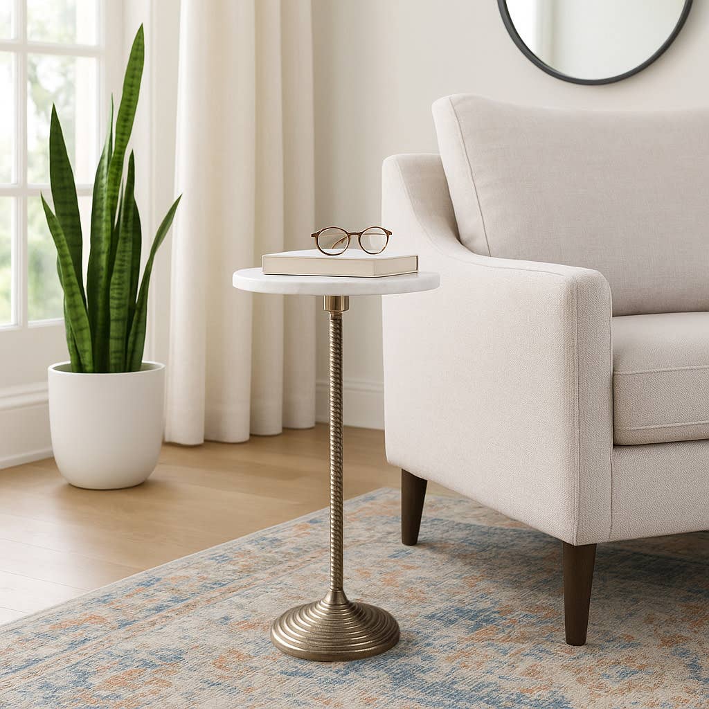 Drink Table - White Marble Top Pedestal Metal Base, 26 in.