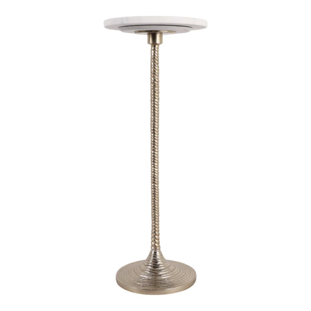 Drink Table - White Marble Top Pedestal Metal Base, 26 in.