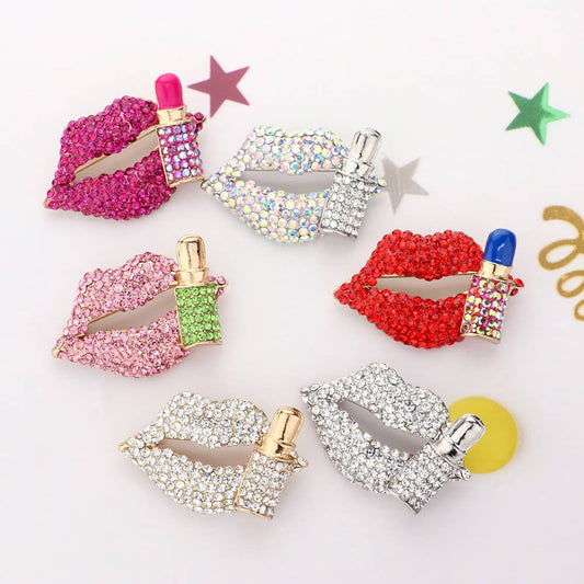 Bling Studded Lip and Lipstick Pin Brooch
