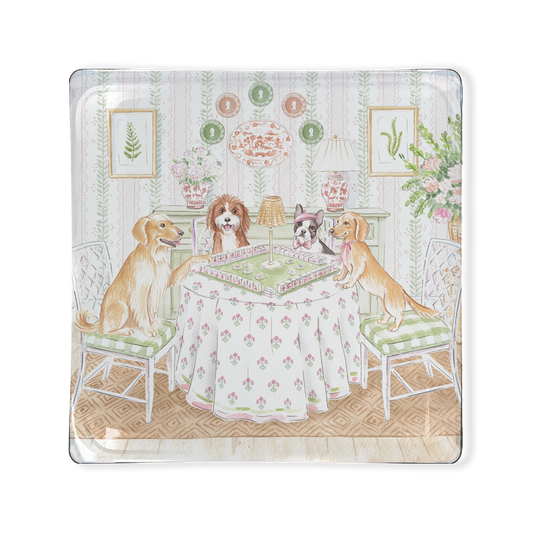 Dogs playing Mahjong Glass Tray/Wall Art