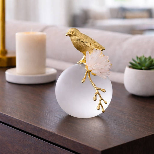 Sculpture - White and Gold Metal Bird on Sphere, 7 in.
