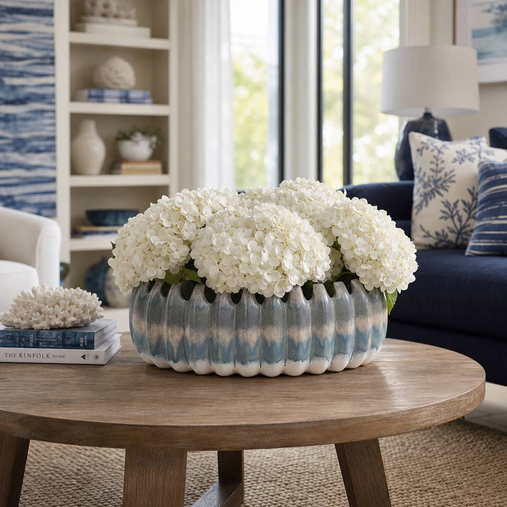 Decorative Bowl - Blue Ceramic Coastal Ombre Style, 17 in.