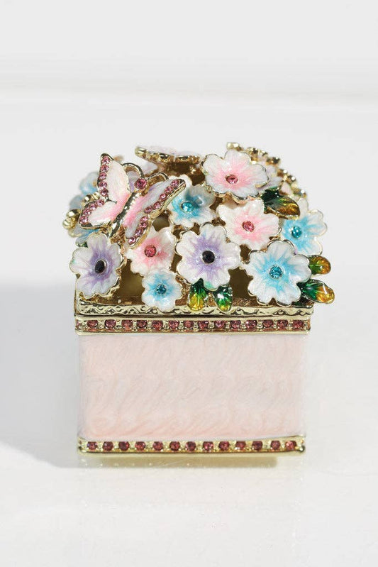 Square Pink Enamel Jewelry Box with Floral Cluster