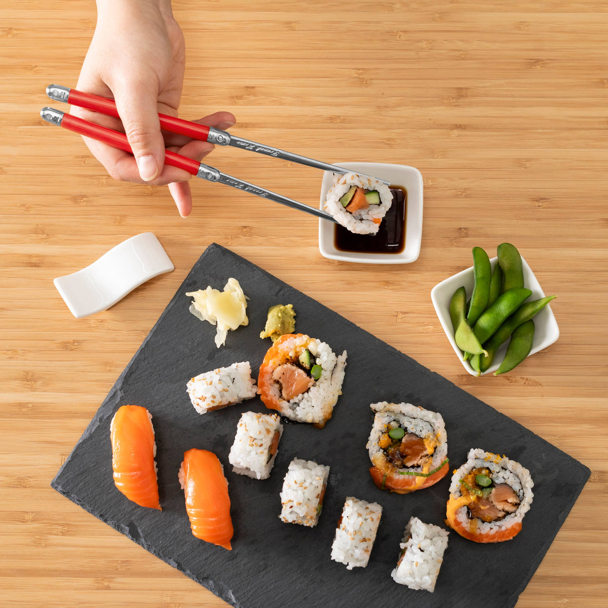 Red Chopsticks & Ceramic Rests with Sauce Bowls Set, 2 Pairs
