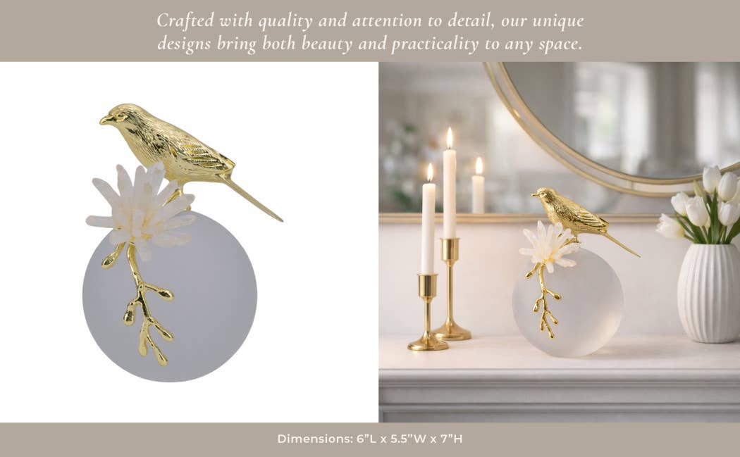 Sculpture - White and Gold Metal Bird on Sphere, 7 in.