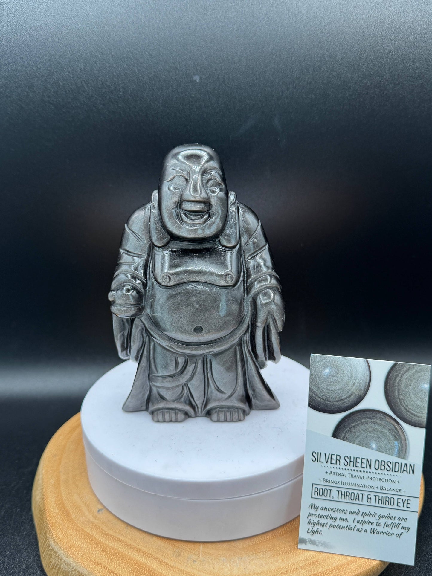 Silver Sheen Obsidian Laughing Happy Buddha carving H249