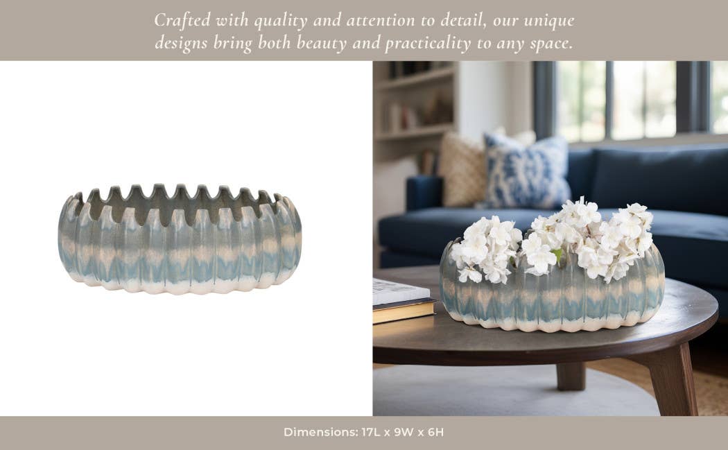 Decorative Bowl - Blue Ceramic Coastal Ombre Style, 17 in.