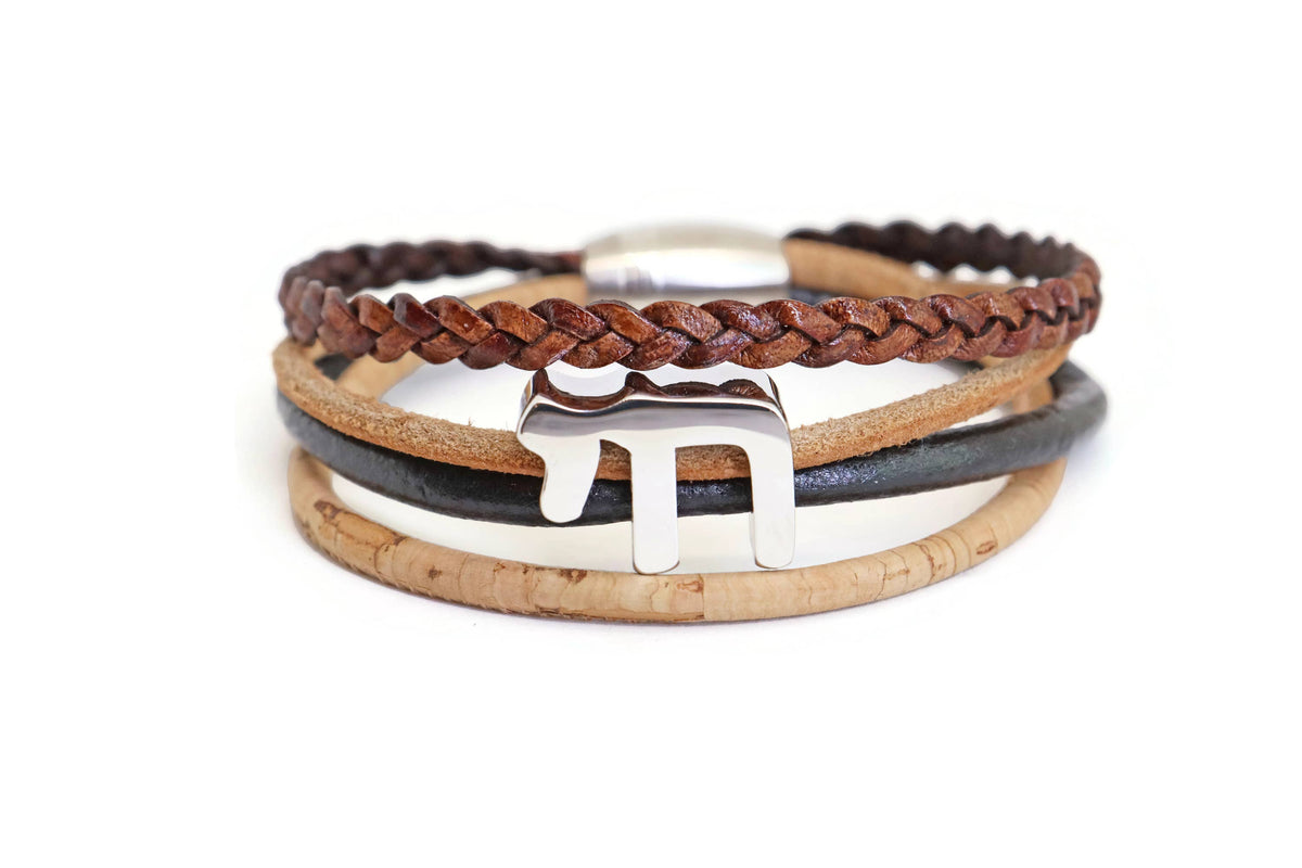 Jewish Judaic Chai Leather and Cork Bracelet