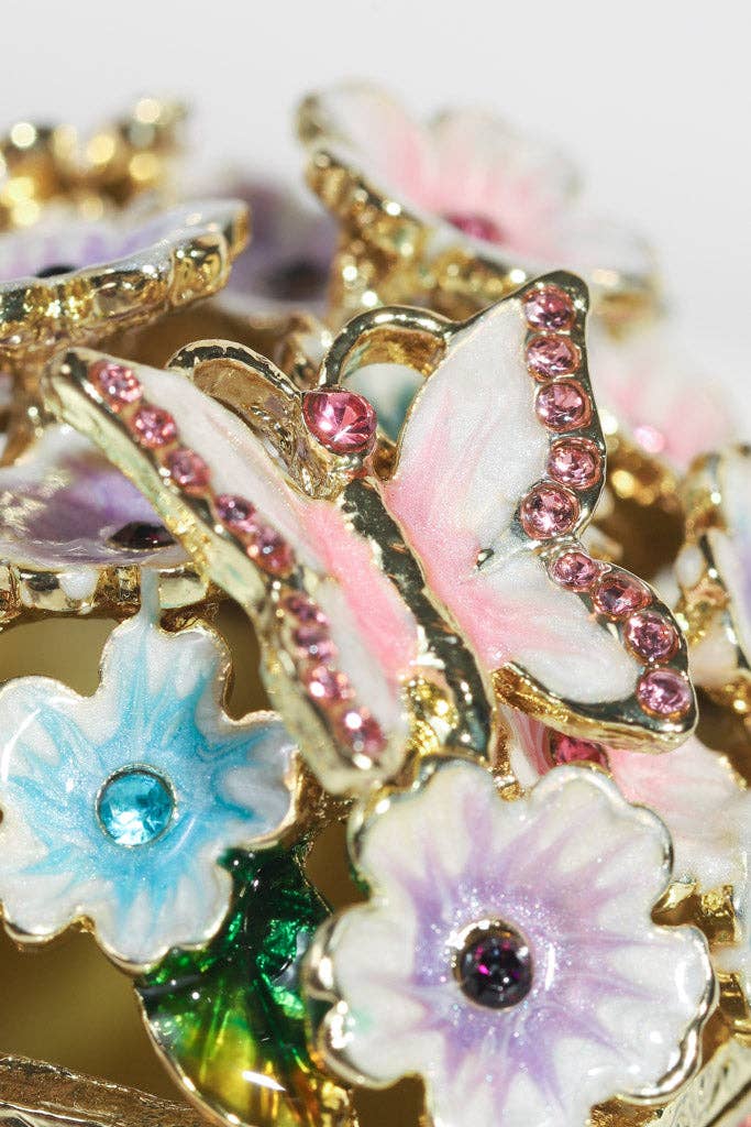 Square Pink Enamel Jewelry Box with Floral Cluster
