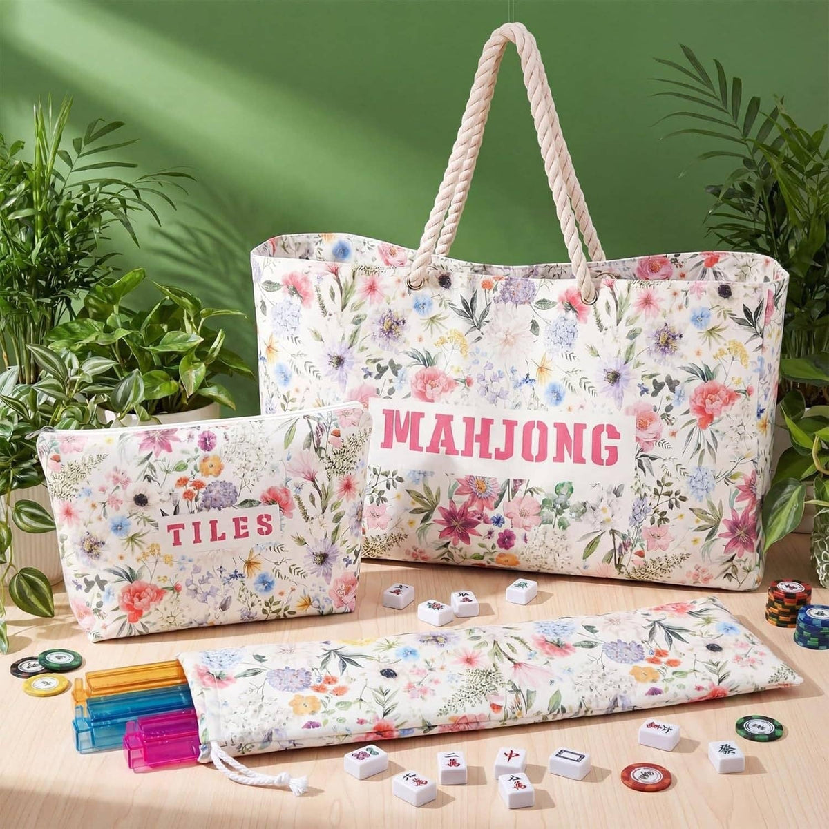 American Mahjong Beige Floral Print Storage Set