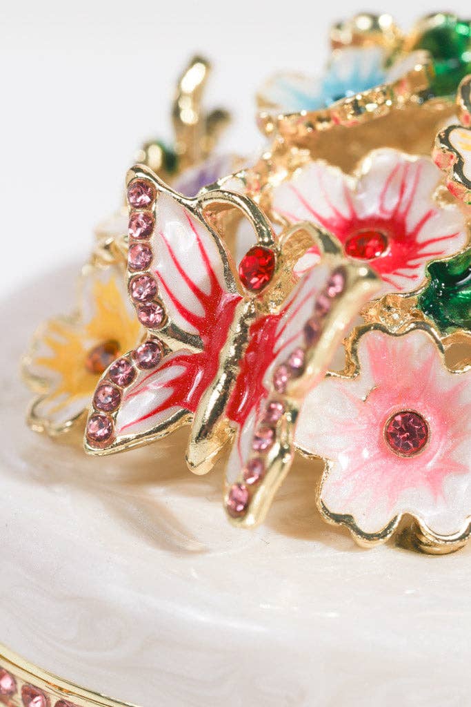 White Enamel Floral Jewelry Box with Butterfly