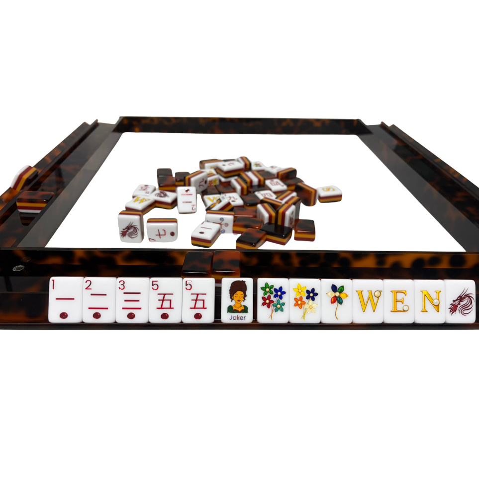 Luxury Handmade Tortoise Shell Acrylic Mahjong Racks and Pushers Set (4 Pieces)